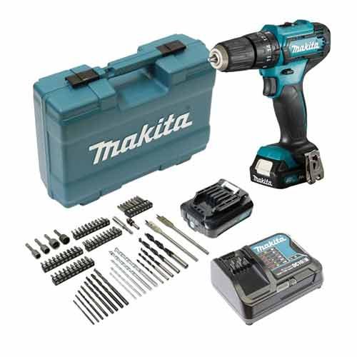 Trapano avvitatore con percussione mandrino 13mm + valigetta 74 accessori  Makita DHP453RFX4