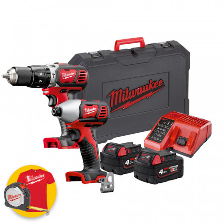 Kit Milwaukee 18V M18 BPP2C-402C, trapano avvitatore con percussione + avvitatore impulsi 1/4", 2 batterie 4.0Ah 18V + valigetta