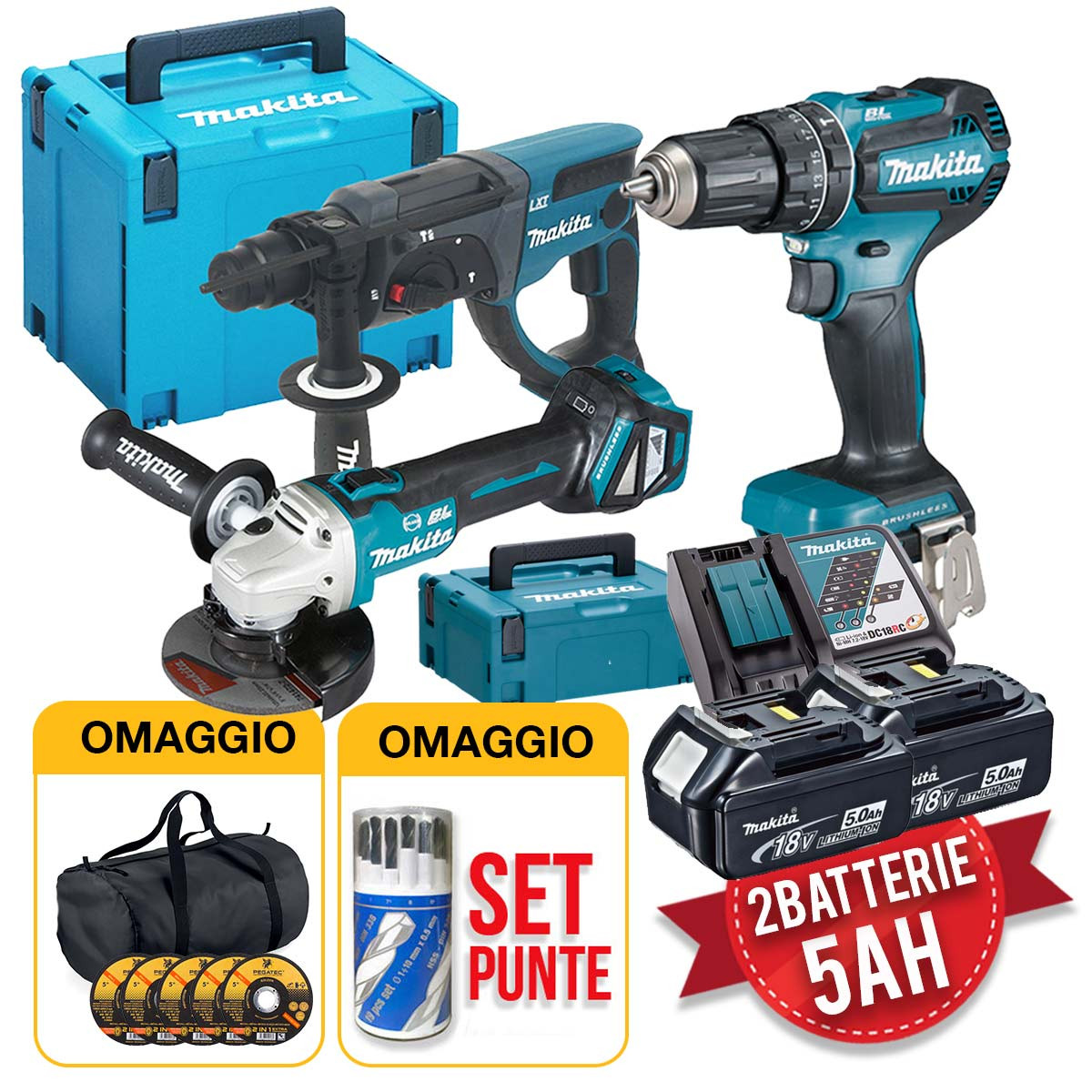 Makita kit utensili 18V - Trapano, Smerigliatrice, Tassellatore, 2 batterie  5Ah