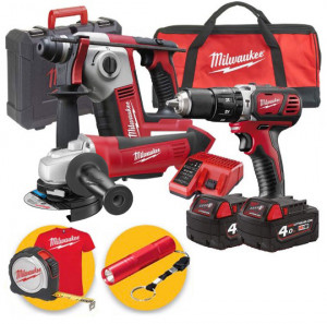 Kit Milwaukee 18V M18 BPP3A-402B | Trapano avvitatore + Tassellatore + Smerigliatrice, 2 batterie da 4.0Ah 