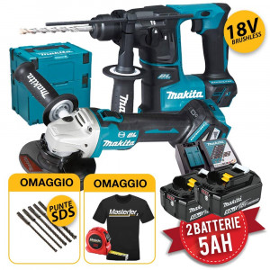 Makita kit utensili a batteria 18V - Smerigliatrice DGA513, Tassellatore DHR171, 2 batterie 5Ah, 2 valigette