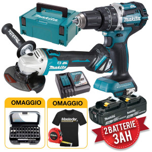 Makita kit utensili 18V - Trapano, Smerigliatrice, 2 batterie 3Ah