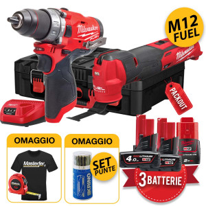 Milwaukee M12 FPP2AX-423P - Kit utensili a batteria Fuel, Trapano, Utensile multifunzione, 3 batterie in valigetta Packout 4933478825