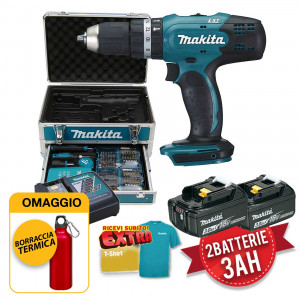 Makita DHP453RFX2 - Trapano avvitatore a batteria con percussione, 2 x 3ah in valigetta e 96 accessori E OMAGGIO