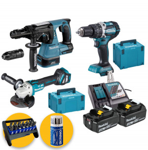 Makita kit utensili a batteria 18V - Trapano DHP487, Smerigliatrice DGA513,  Tassellatore DHR171, 2 batterie 5Ah, 2 valigette