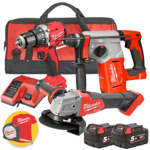 Kit Milwaukee 18V M18 PPA3-502 - M18 BLPDRC trapano a percussione - M18 FSAG125X Smerigliatrice - Tassellatore M18 BLH