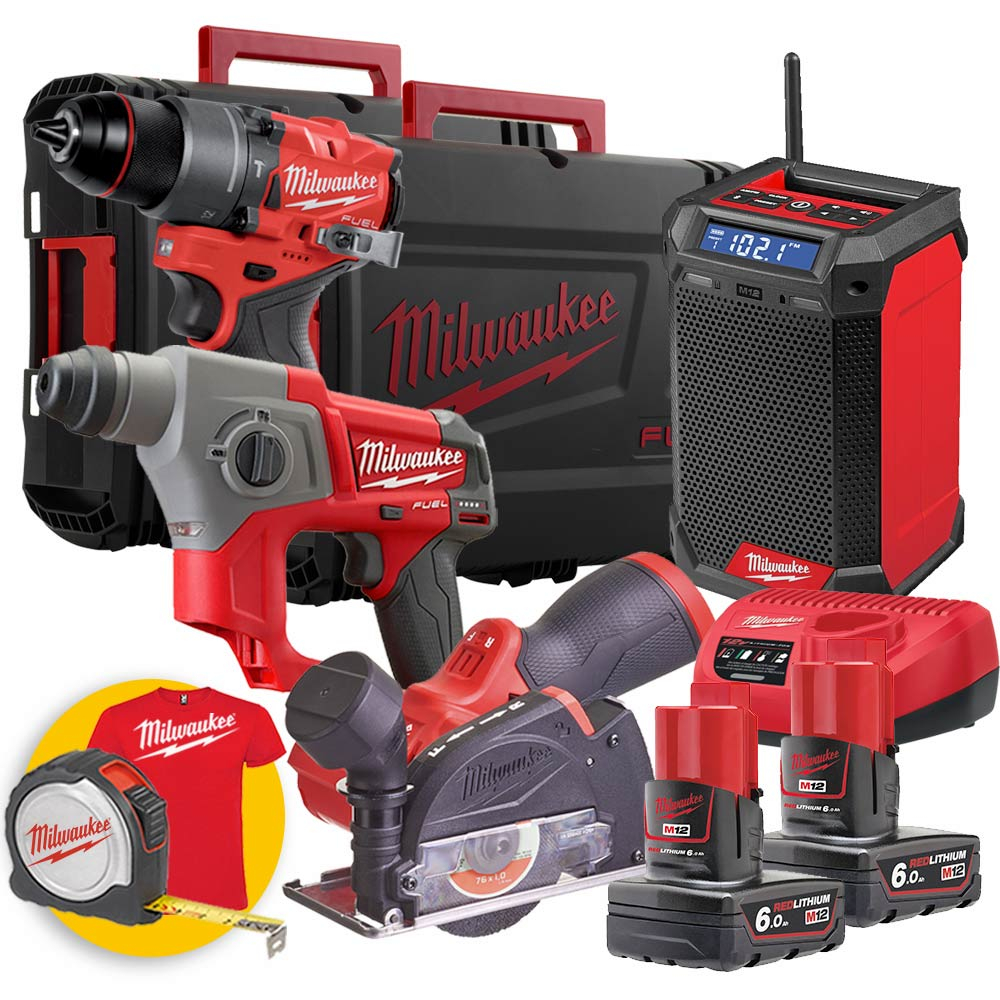 Milwaukee M12 FPP3R-602X - Kit utensili a batteria Fuel, Trapano,  Tassellatore, mini Smerigliatrice, Radio