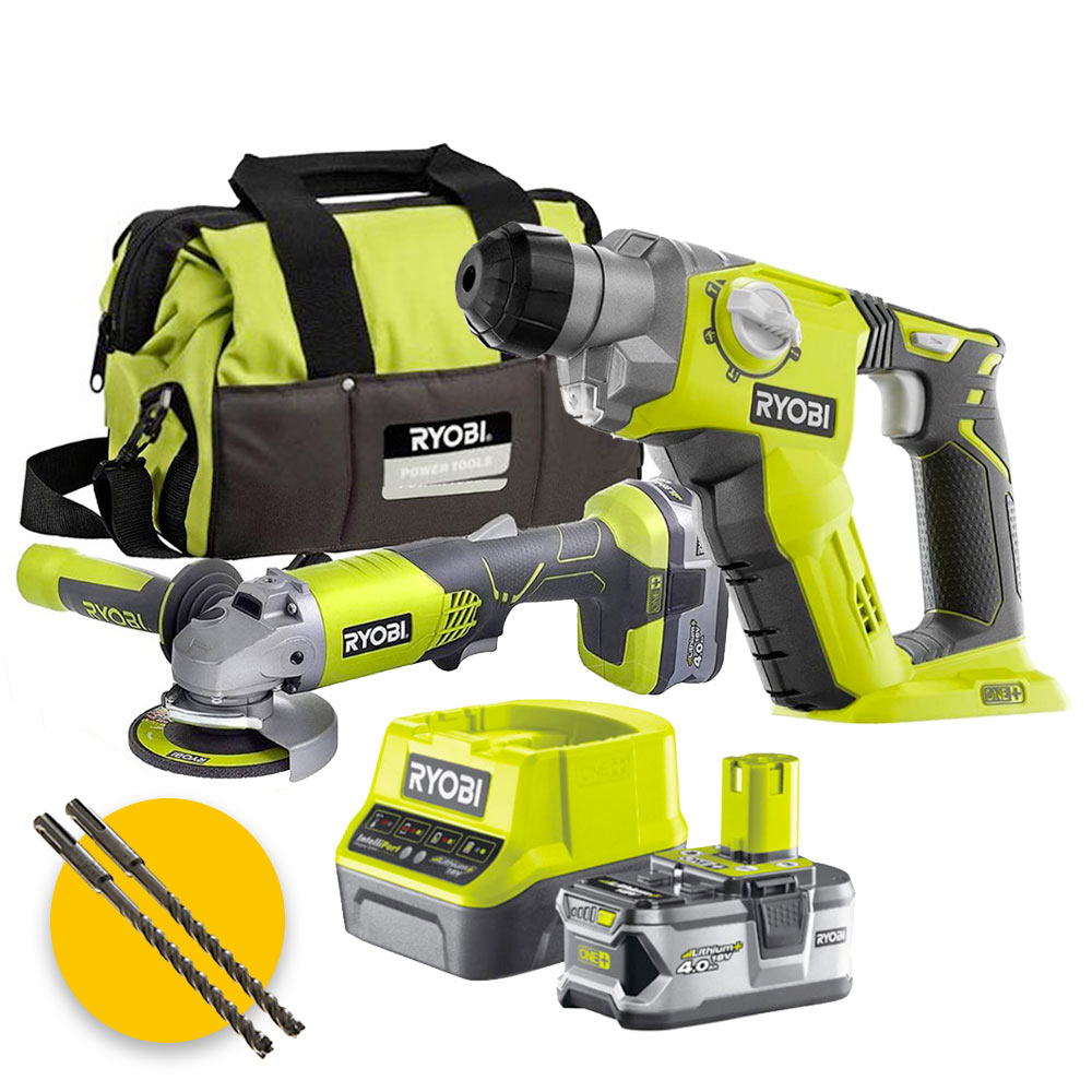 KIT SMERIGLIATRICE ANGOLARE 115 mm + TRAPANO AVVITATORE CON BATTERIE 18V  RYOBI