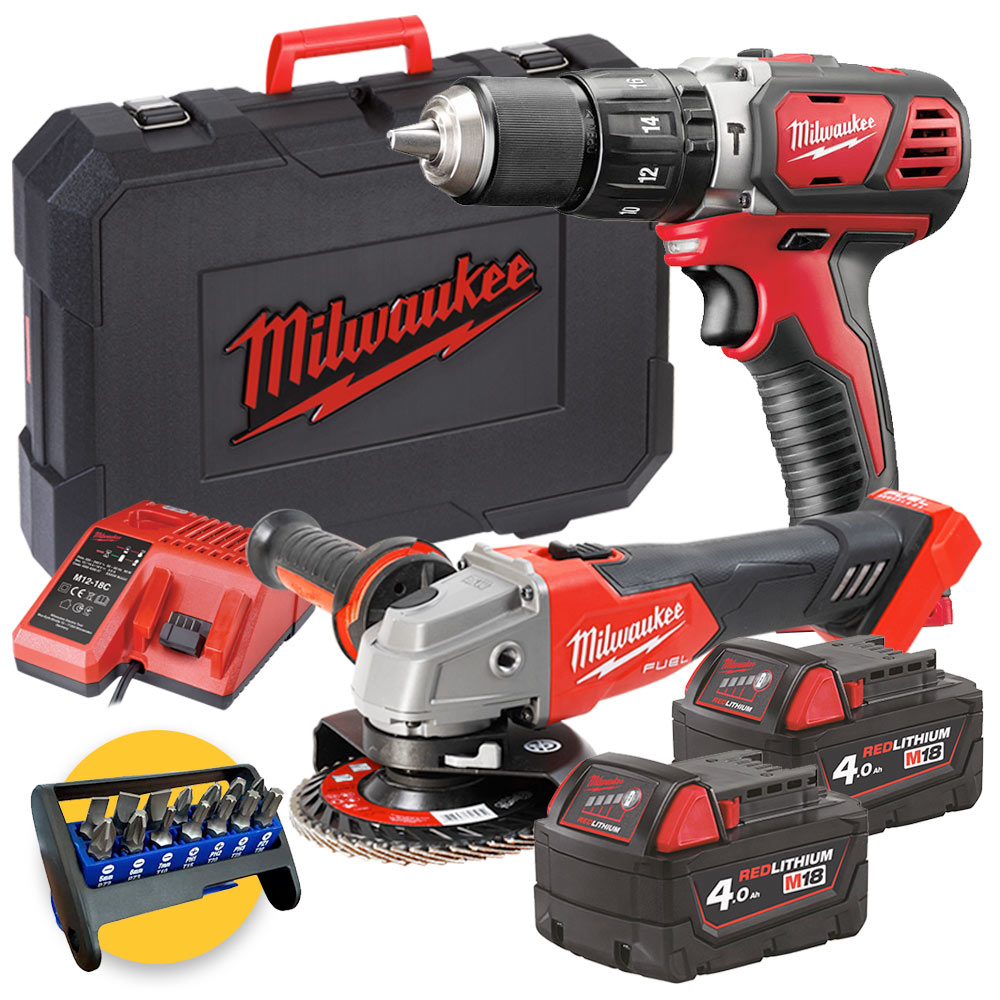 Milwaukee Kit utensili a batteria 18V - Trapano M18 BPD-402C +  Smerigliatrice FSAG125X, 2 x 4Ah